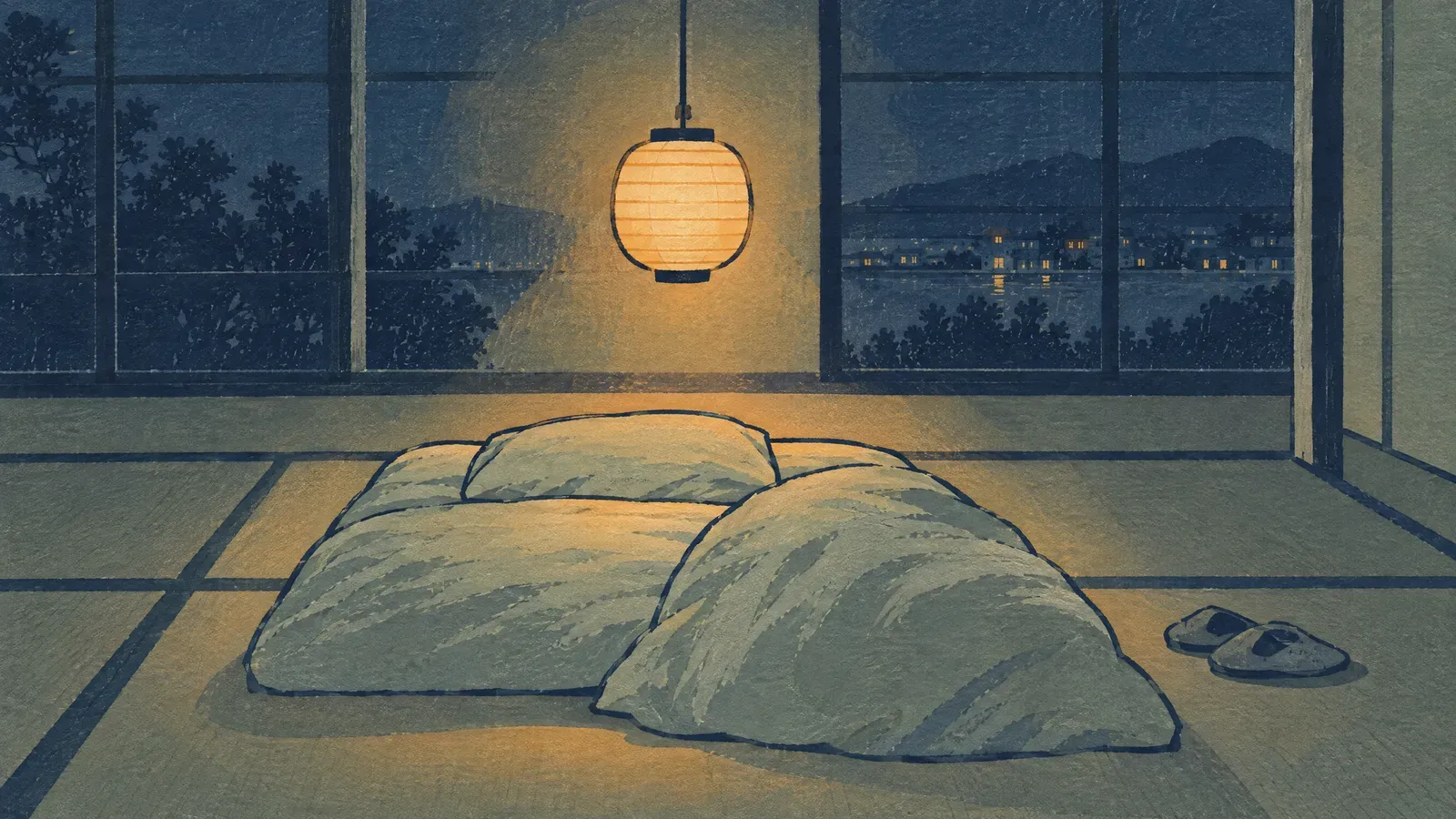 Paper lantern glowing above a futon with slippers on the floor at night
