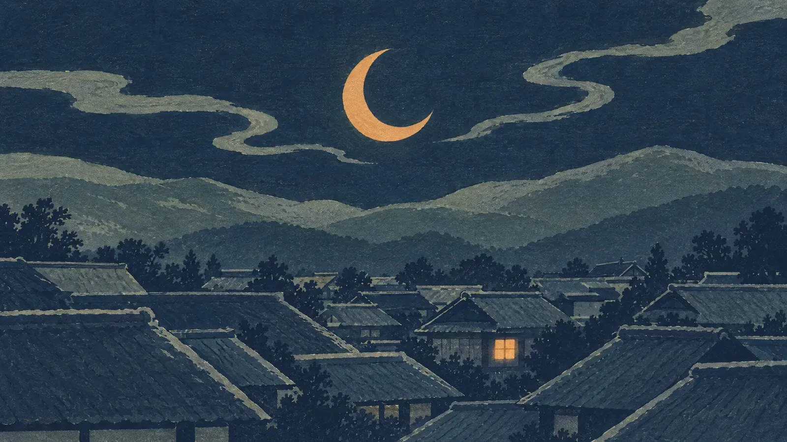 Crescent moon over a sleeping village with one lit window