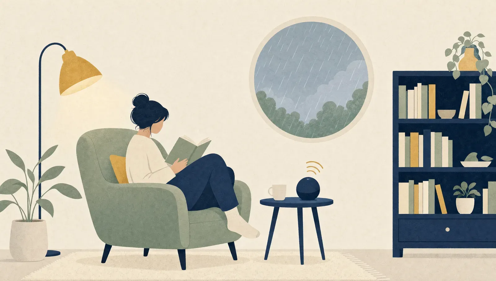 A lamplit reading corner with a book, illustrating the best sounds for reading