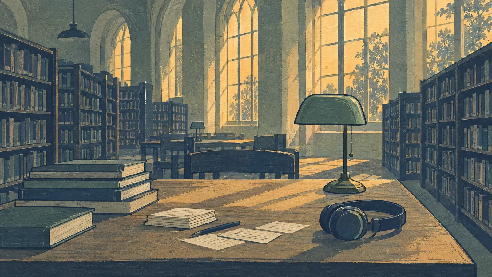 Table de bibliothèque avec livres, fiches et casque sous le soleil de l’après-midi