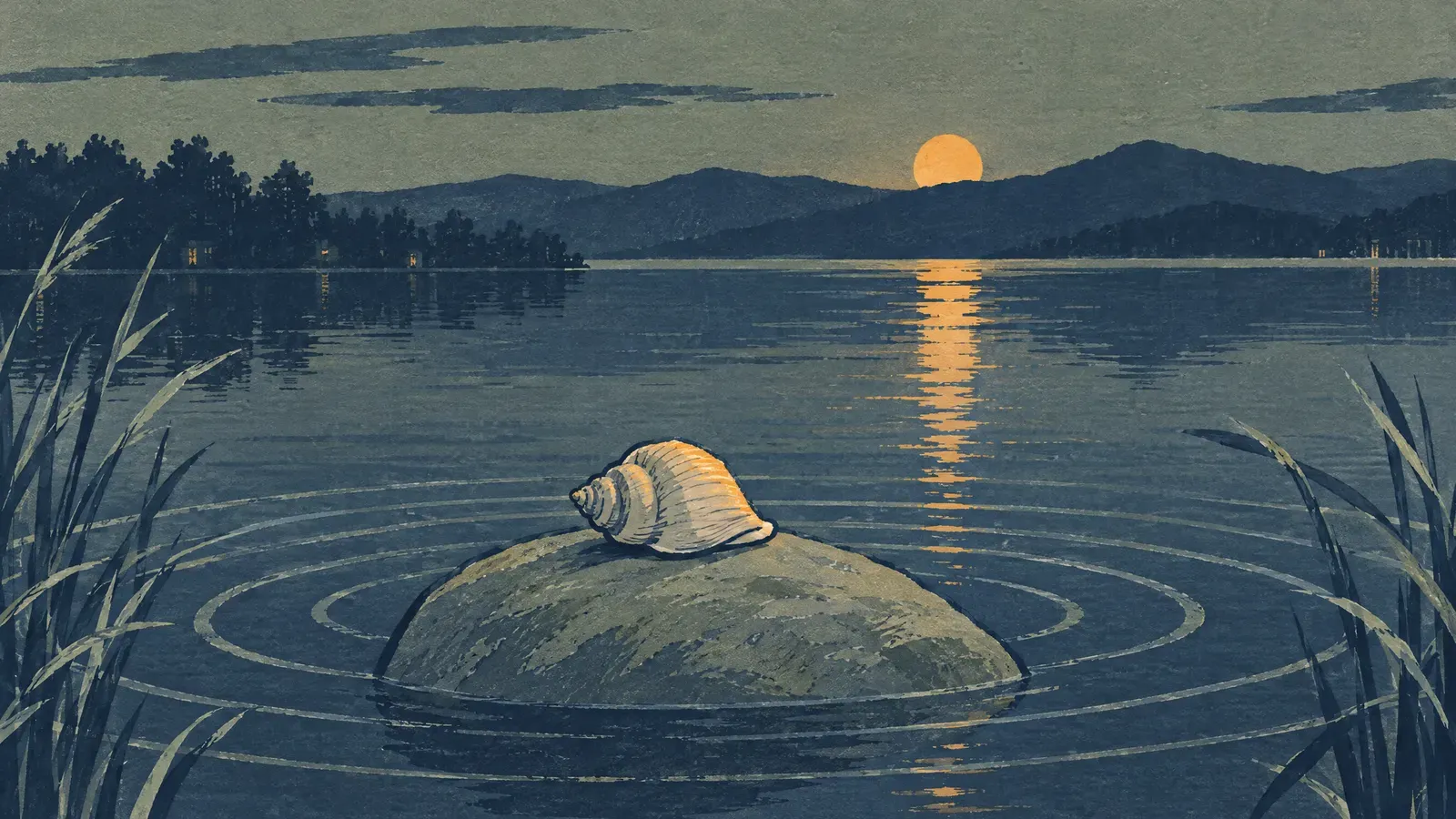 Seashell on a stone by a calm lake with ripples spreading at dusk