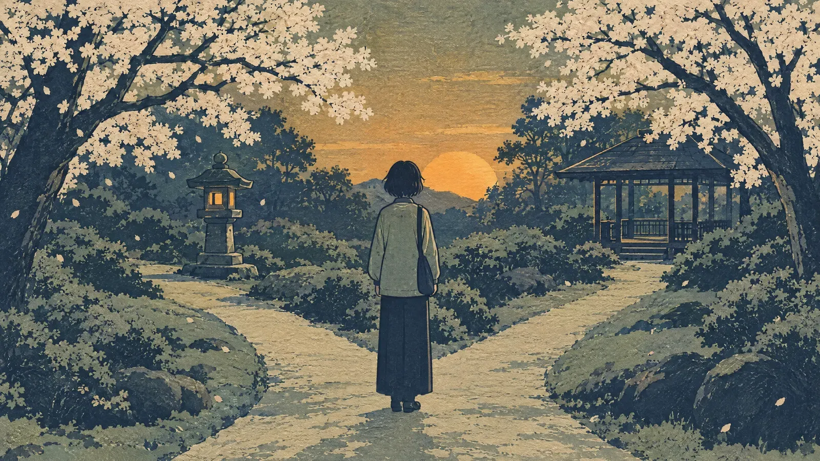 Person at a fork in a garden path in late afternoon