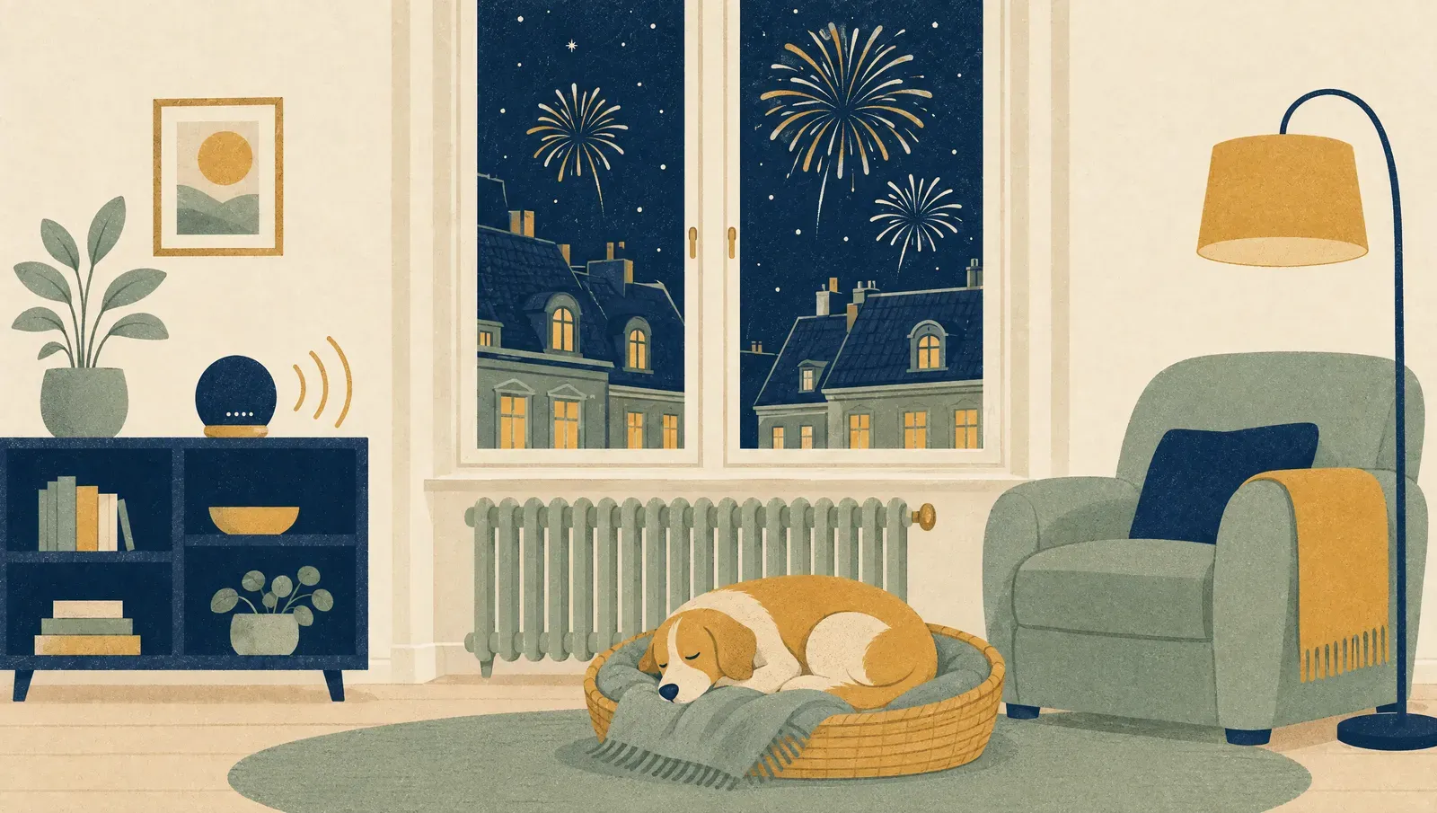 Atmosphärische Nachtszene zum Thema Hund an Silvester beruhigen: was heute Abend hilft