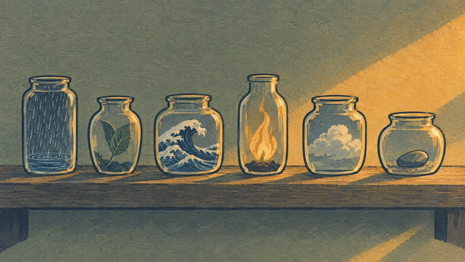 Six glass jars on a shelf, each holding a small nature scene