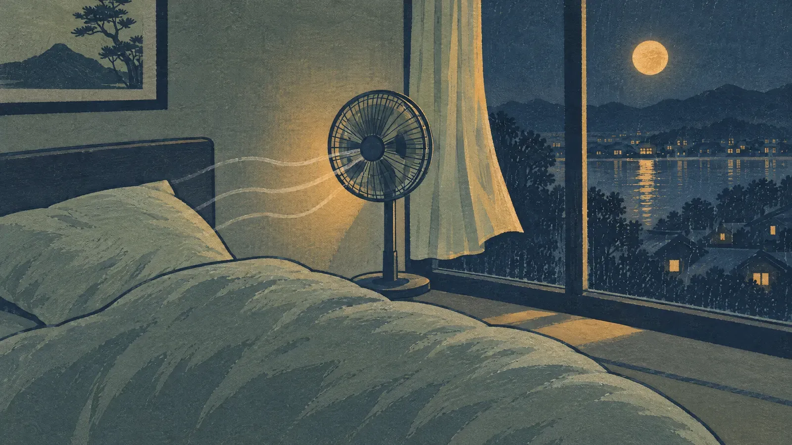 Standing fan beside a bed at night, curtain lifting in the breeze