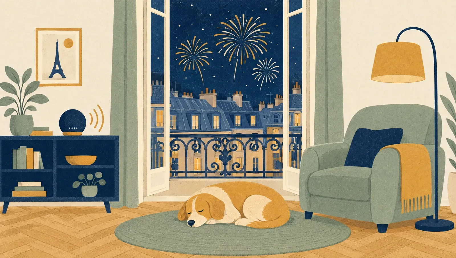 Scène nocturne évocatrice autour de Mon chien a peur des feux d'artifice : que faire