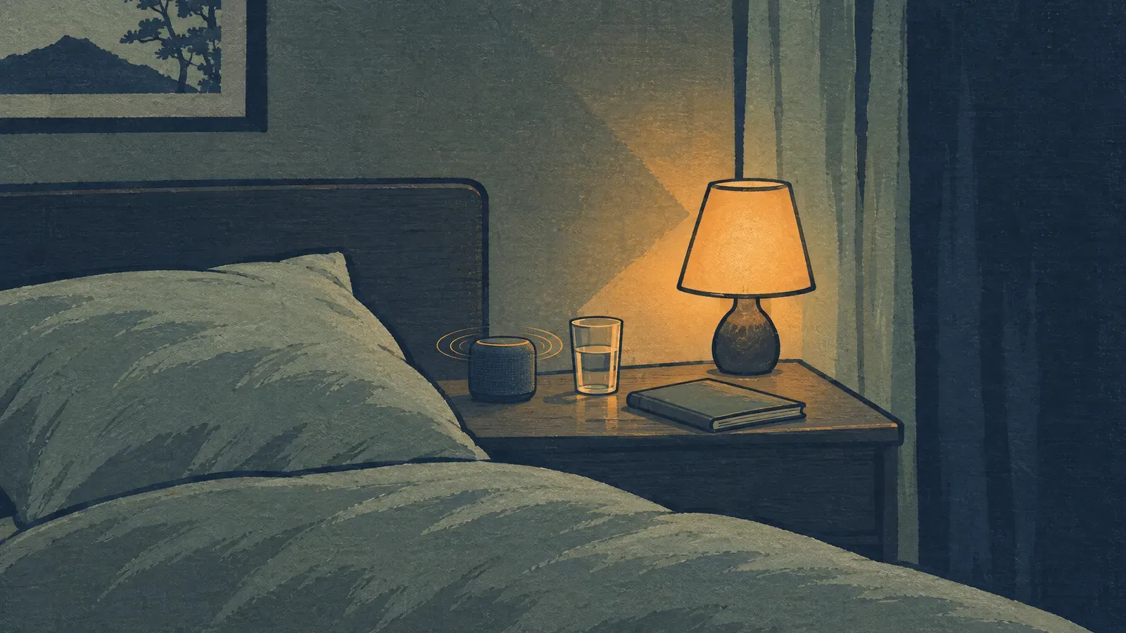 Tidy bedside at night with a small speaker and a dim lamp