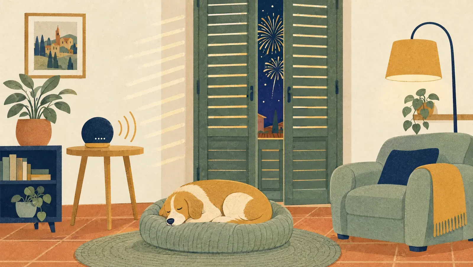 Scena notturna d’atmosfera dedicata a Cane ha paura dei botti di Capodanno: cosa fare