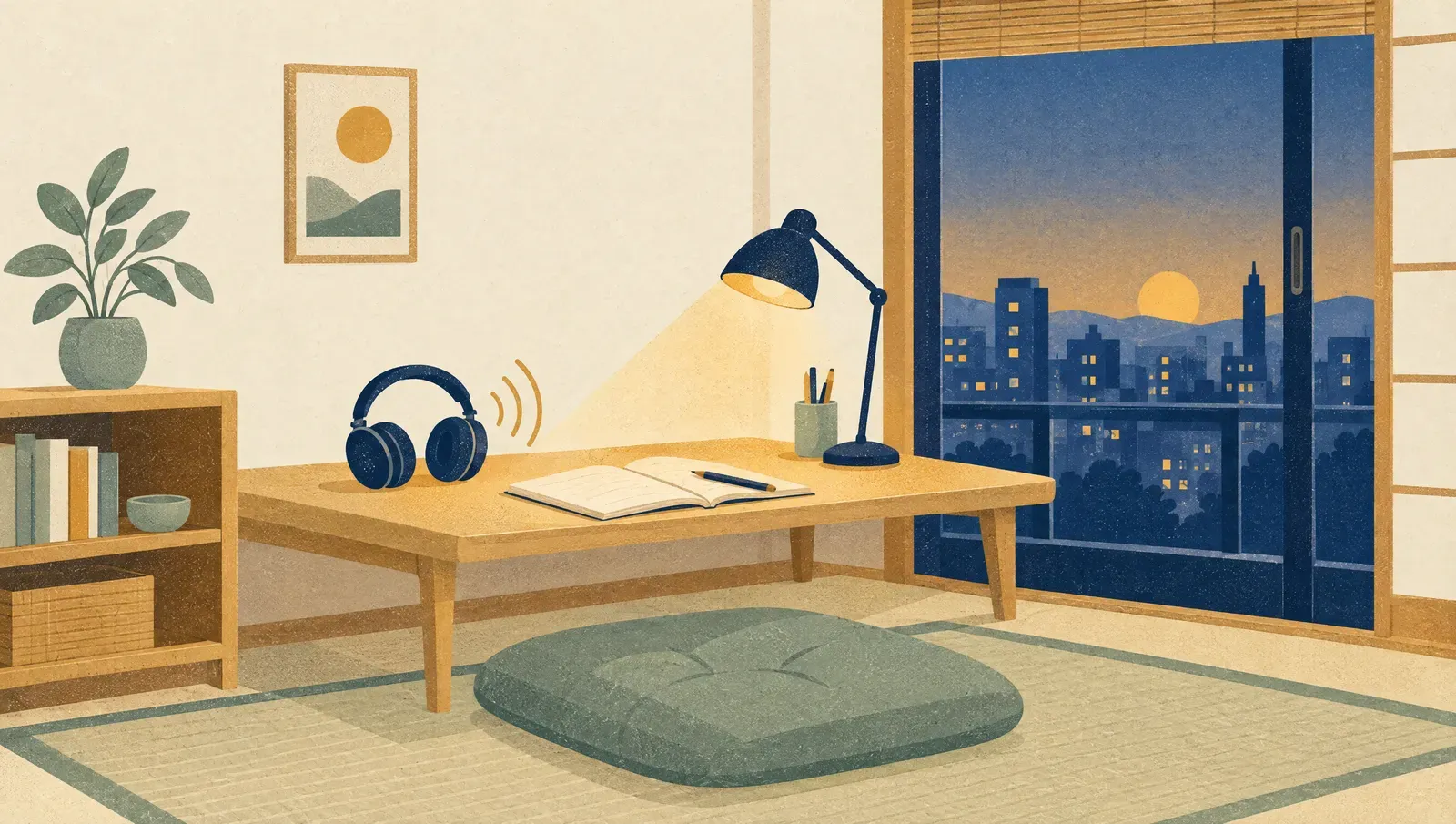 次のテーマを表現した夜の情景： ブラウンノイズはADHDに効果がある？わかっていること