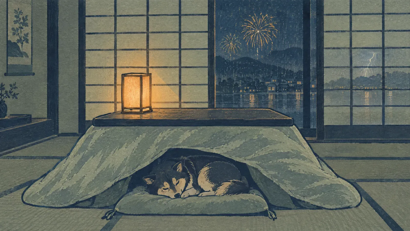 次のテーマのイラスト: 犬が花火や雷を怖がるとき、今夜できること