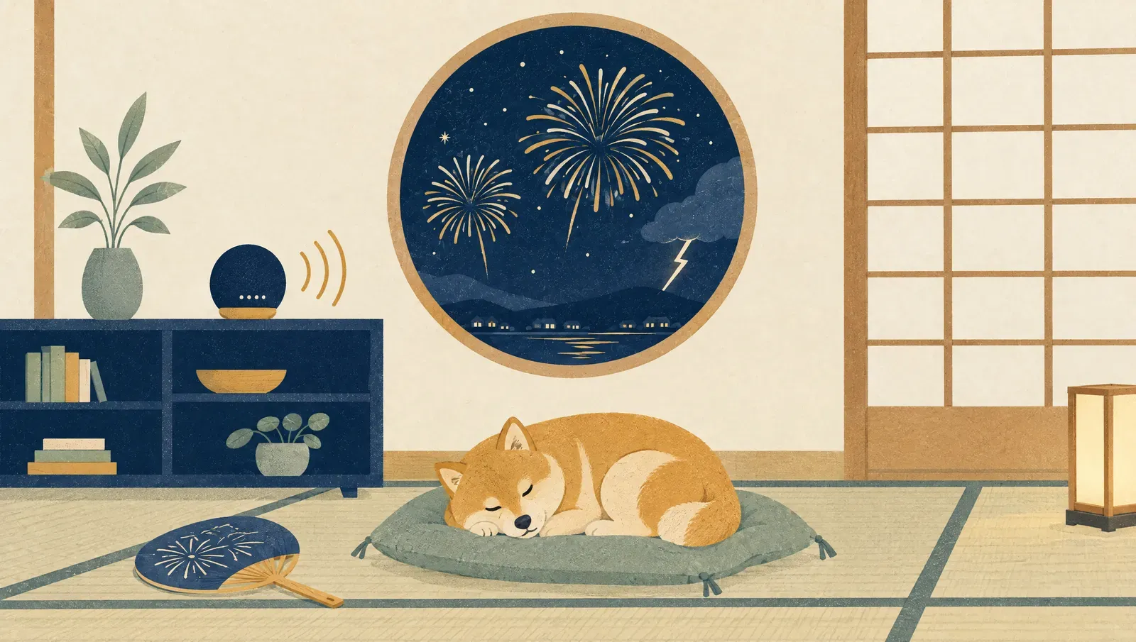 次のテーマを表現した夜の情景： 犬が雷や花火を怖がるときにできること