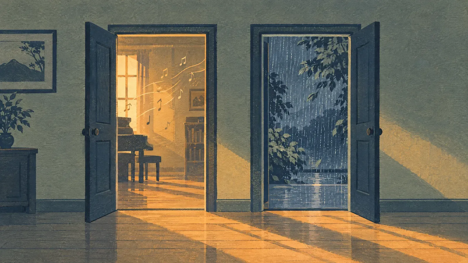 Two open doors, one with drifting music notes, one with soft rain