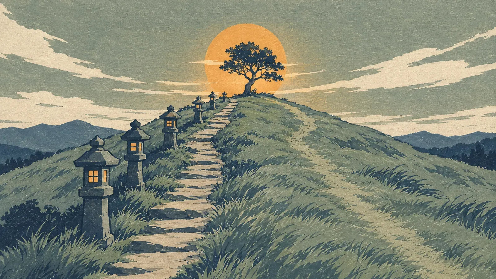 Two paths up a hill, one lined with lanterns, one open
