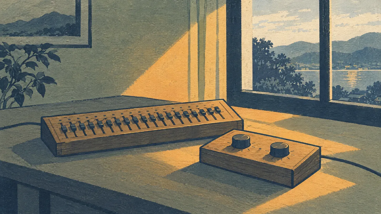 Box with many sliders next to a box with two round knobs