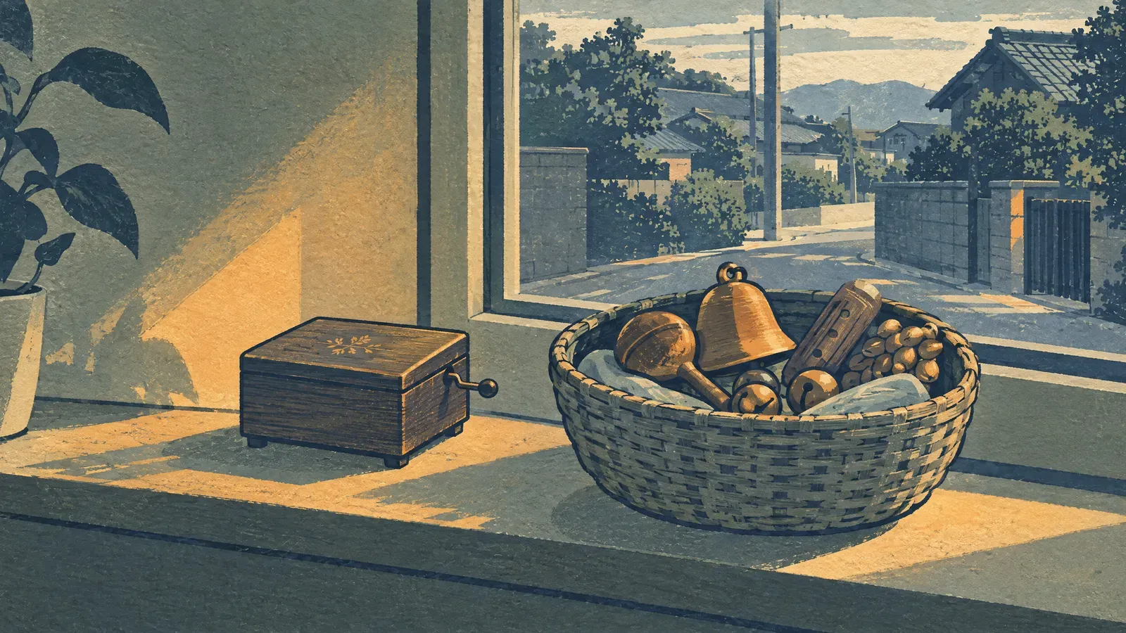 Small music box beside an open basket of sound objects