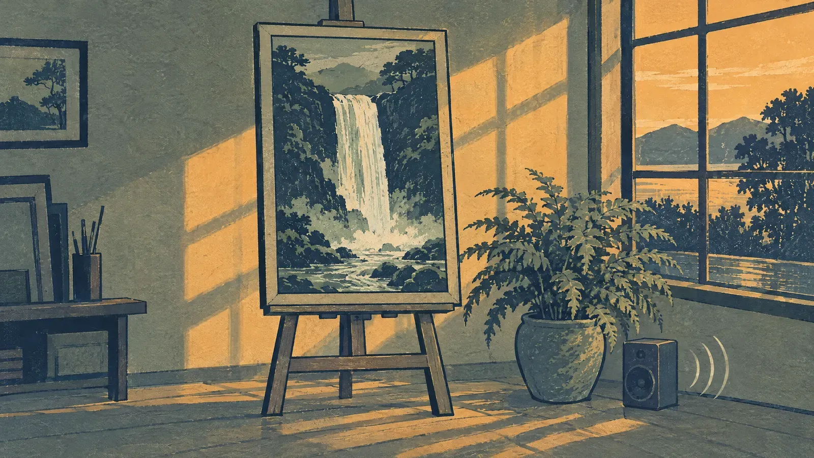 Framed waterfall picture beside a fern and a small speaker