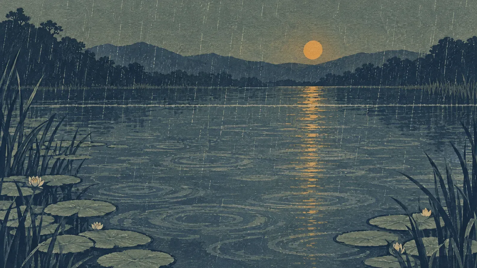 Calm pond at dusk, soft rain ripples blurring a thin line