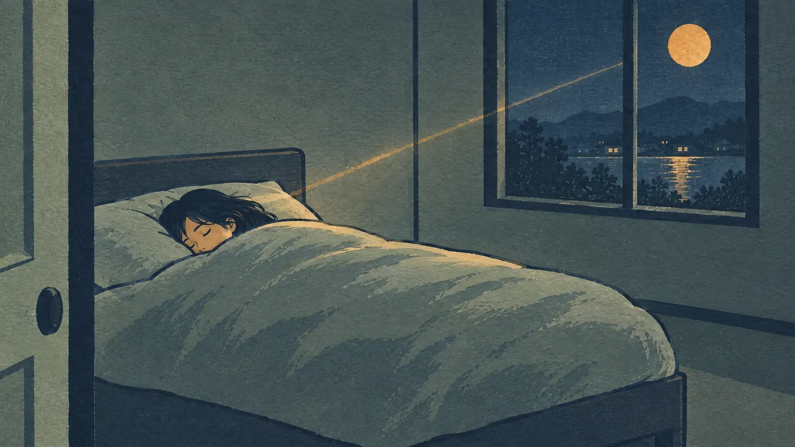 Quiet bedroom at night with a person resting, moon in the window