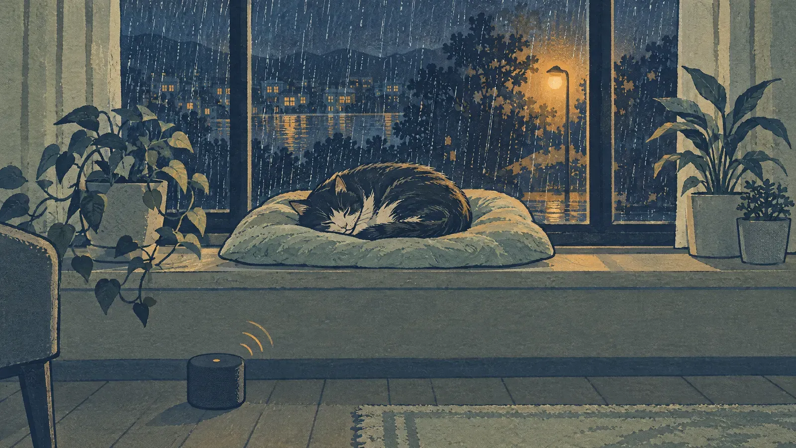 Atmospheric night scene illustrating White Noise for Cats: Do Cats Like It, or Does It Bother Them?