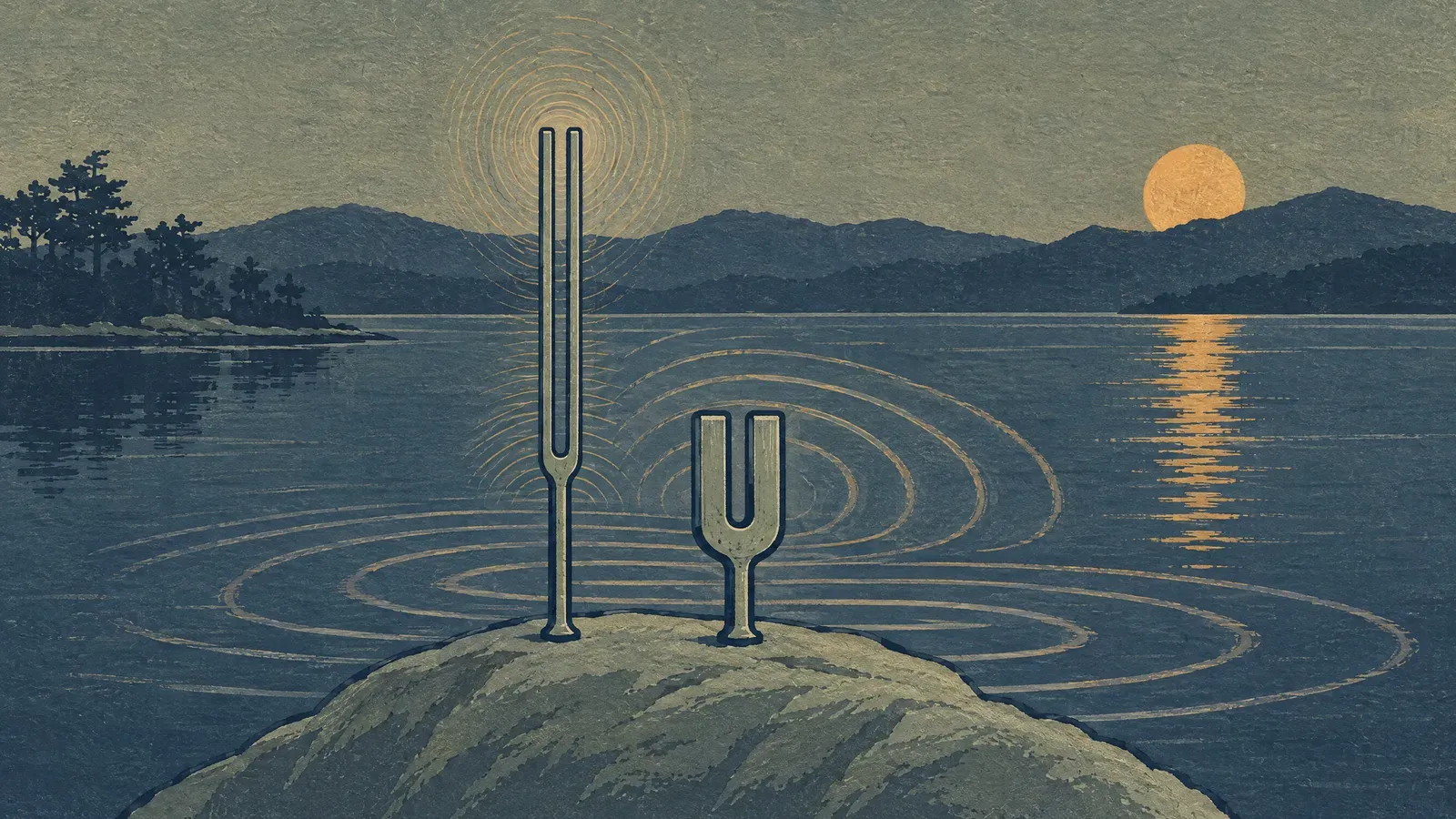Two tuning forks on a stone, one sending fine waves, one deep