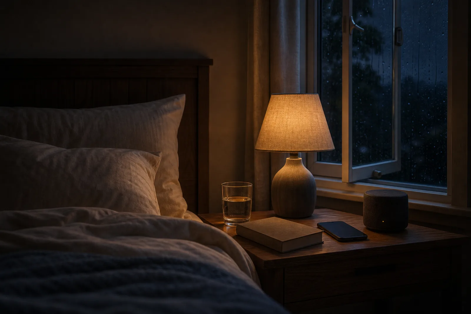 Abendroutine mit leisem Lautsprecher, gedämpftem Licht und vorbereitetem Schlafplatz